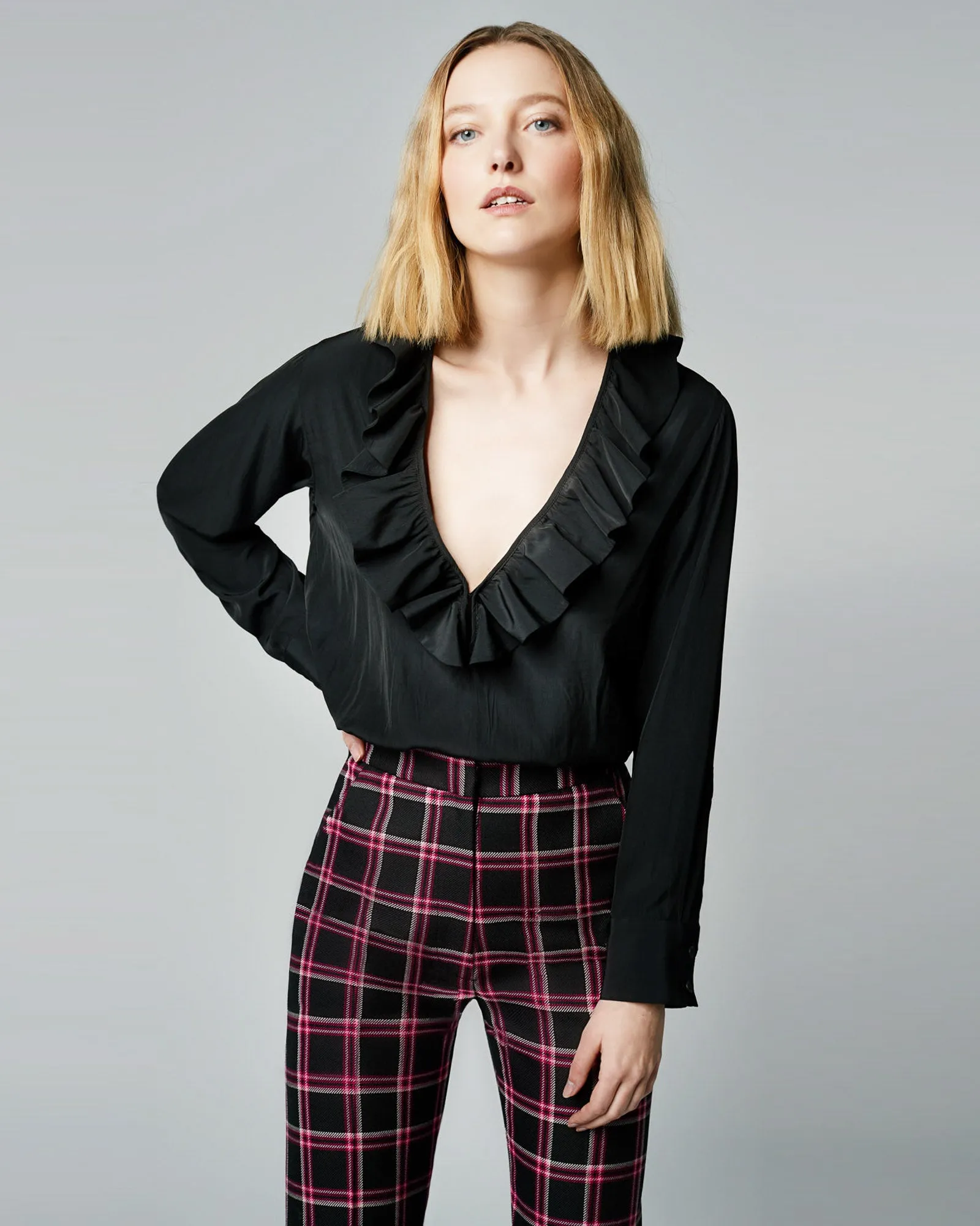 Deep V-Neck Ruffle Blouse sold by TNT Fashion