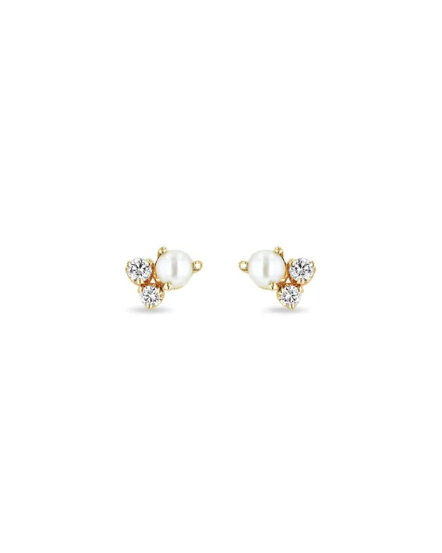 Mixed Prong Diamond + Pearl Cluster Studs sold by Blue Ruby