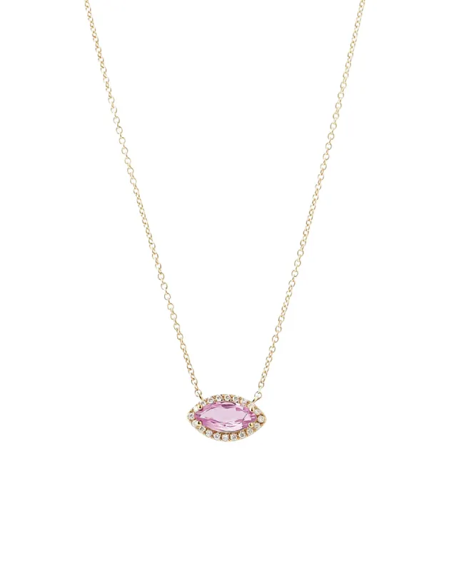 Marquise Pink Sapphire + Diamond Halo Necklace sold by Blue Ruby