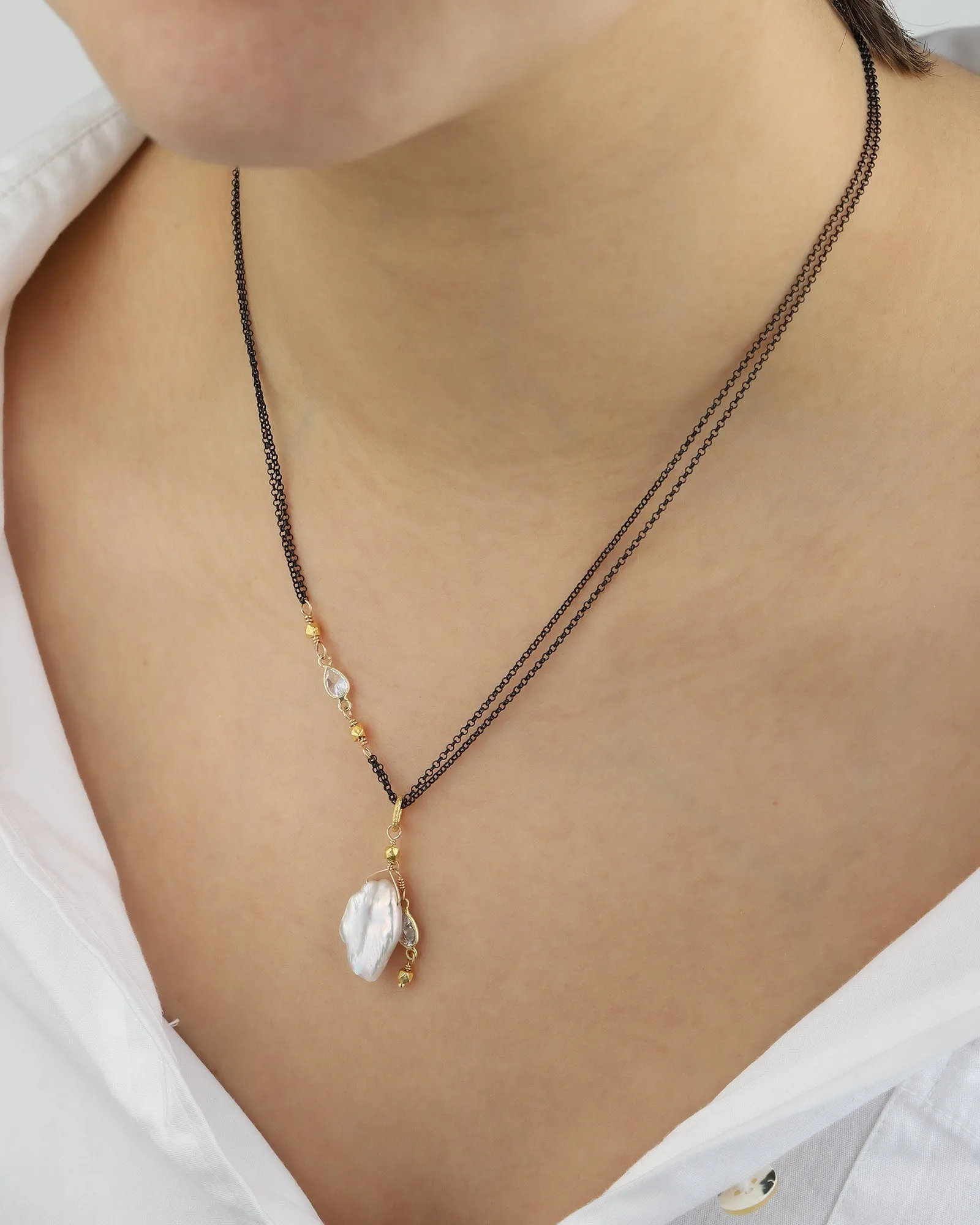 2 Chain Pearl + CZ Drop Necklace sold by Blue Ruby product image thumbnail 2