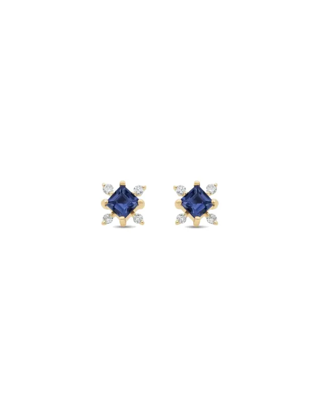 Square Sapphire CZ Flower Studs sold by Blue Ruby