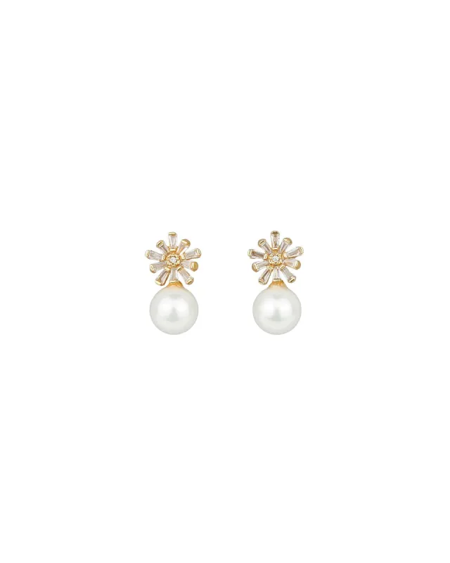 Baguette Flower + Pearl Drop Earrings sold by Blue Ruby