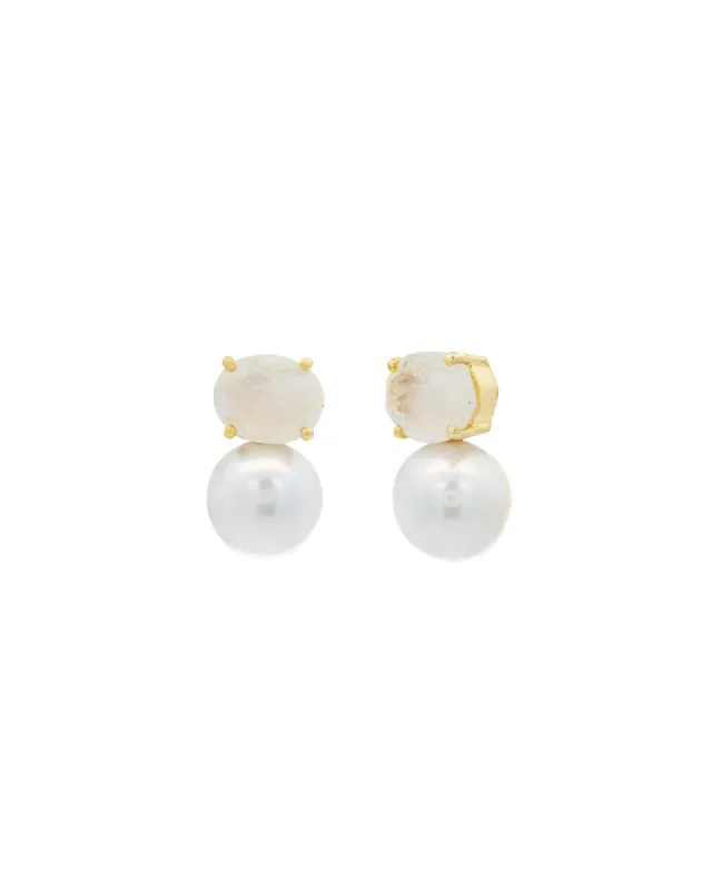Oval Moonstone & Pearl Studs sold by Blue Ruby