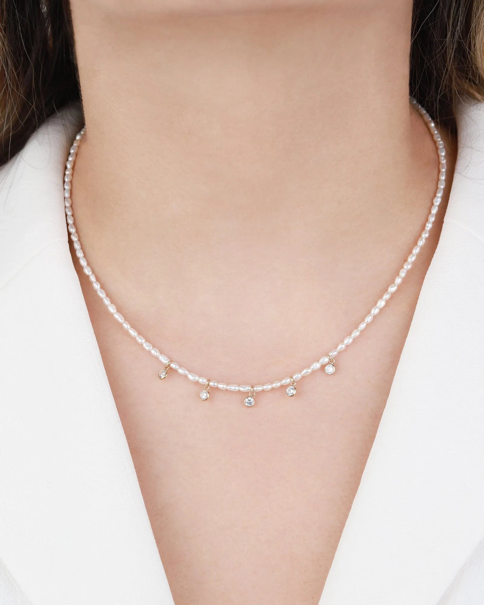 Rice Pearl 5 CZ Drop Necklace sold by Blue Ruby product image thumbnail 2