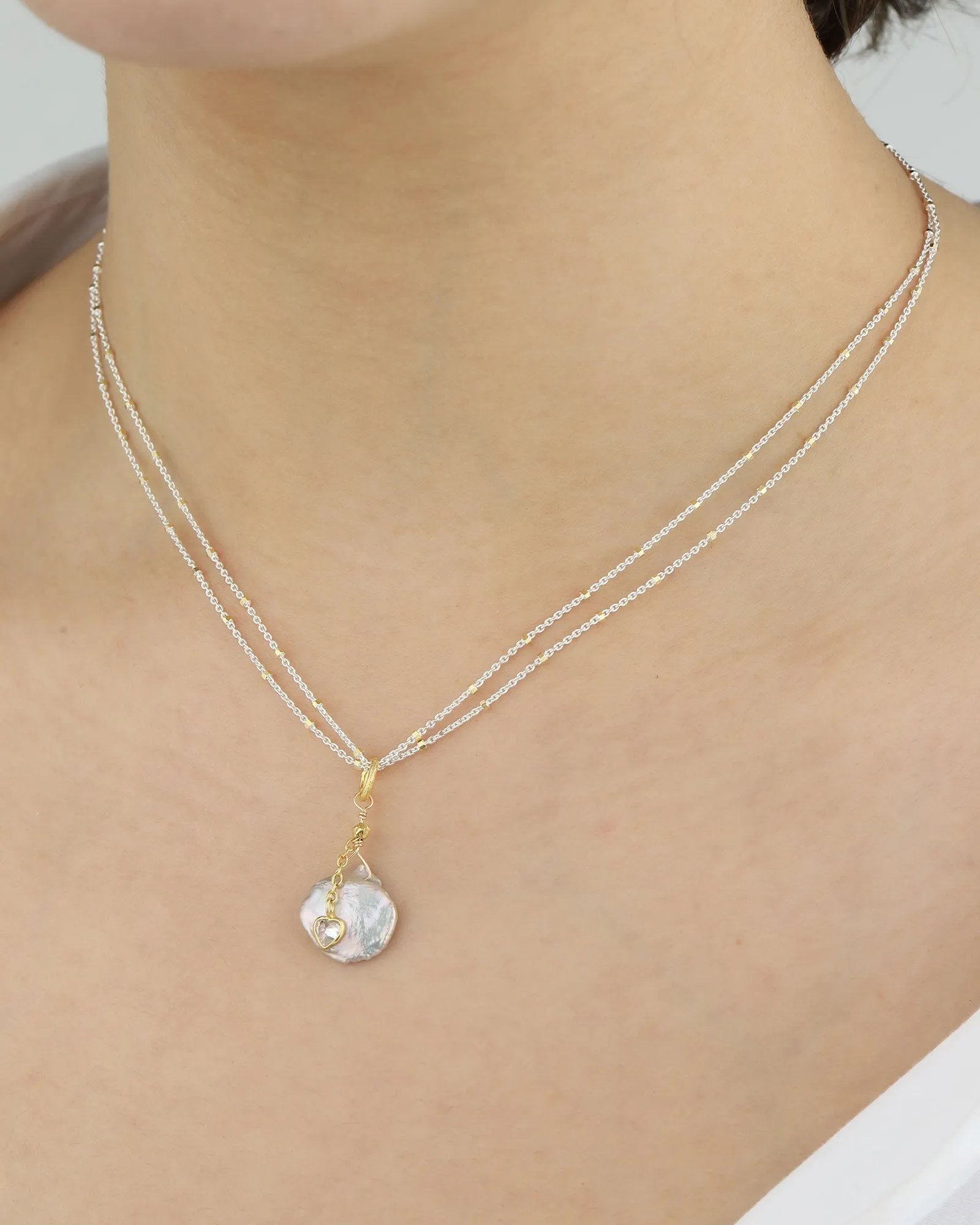 2 Chain Flat Pearl + CZ Heart Necklace sold by Blue Ruby product image thumbnail 2