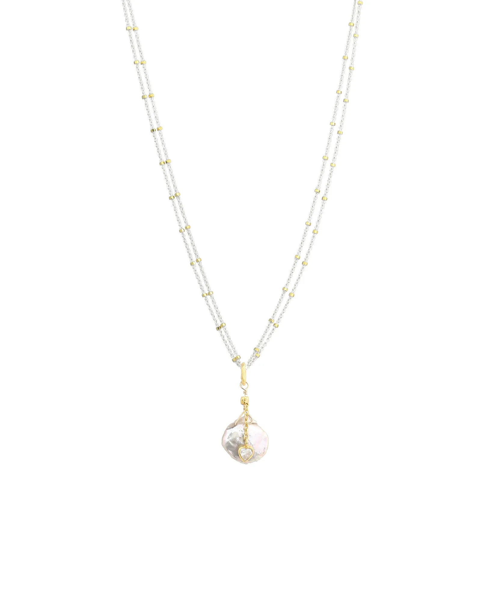 2 Chain Flat Pearl + CZ Heart Necklace sold by Blue Ruby
