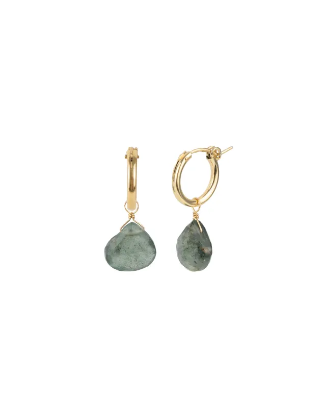 Moss Aquamarine Heart Drop Huggies | 15mm sold by Blue Ruby