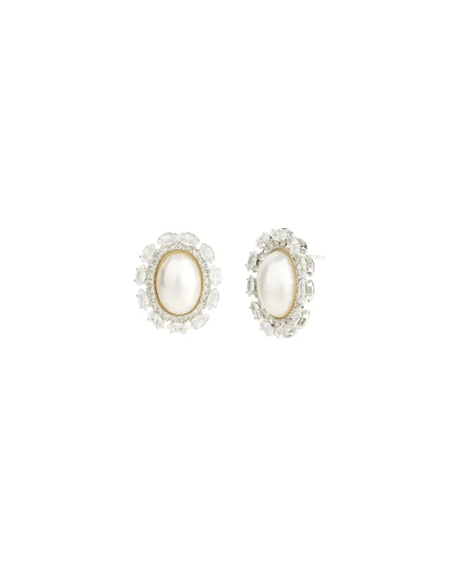 Oval Pearl CZ Halo Studs sold by Blue Ruby