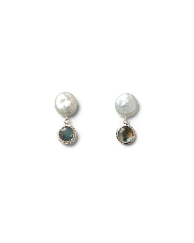 Coin Pearl Bezel Drop Studs sold by Blue Ruby