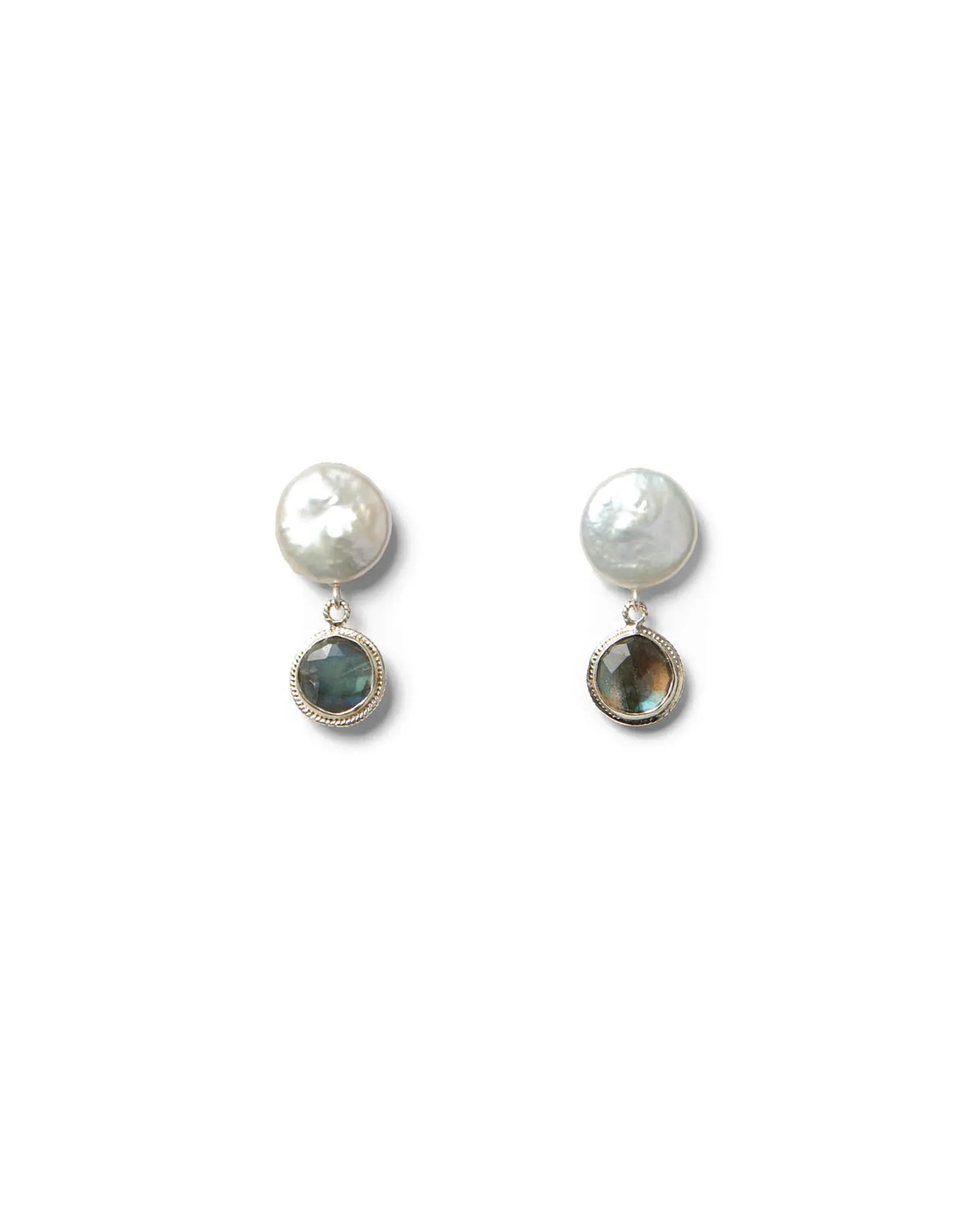 Coin Pearl Bezel Drop Studs sold by Blue Ruby