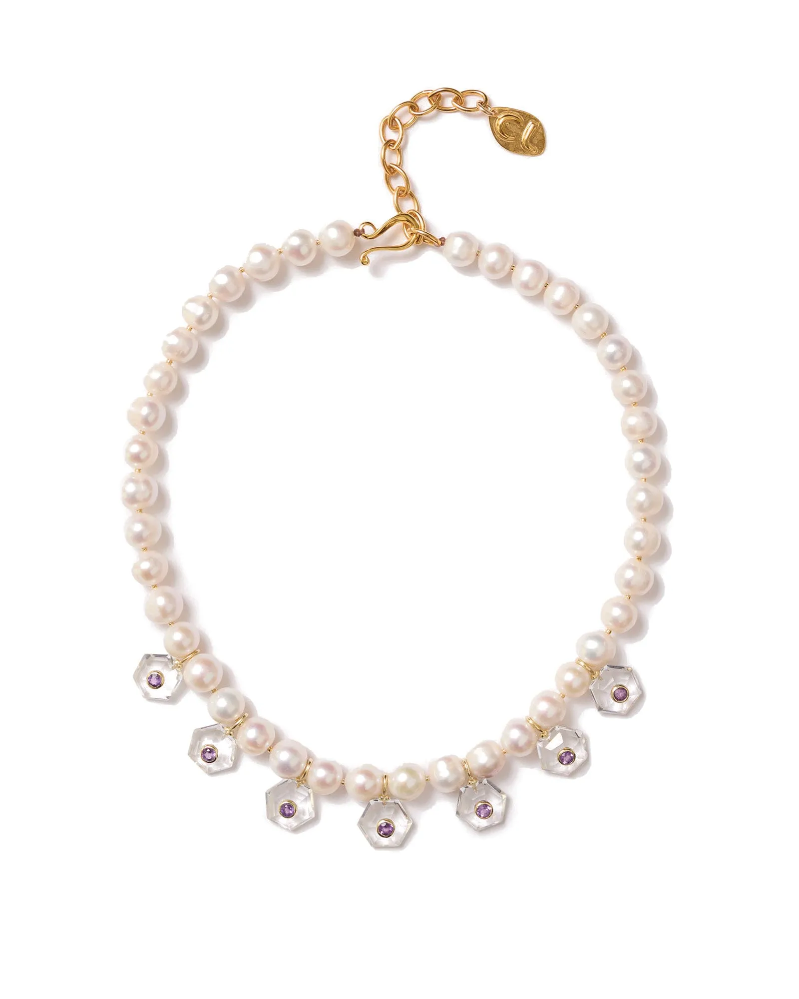 Seven Hexagon Inlay Pearl Necklace sold by Blue Ruby