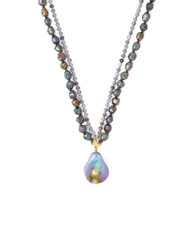 2 Row Stone + Pearl Drop Necklace sold by Blue Ruby