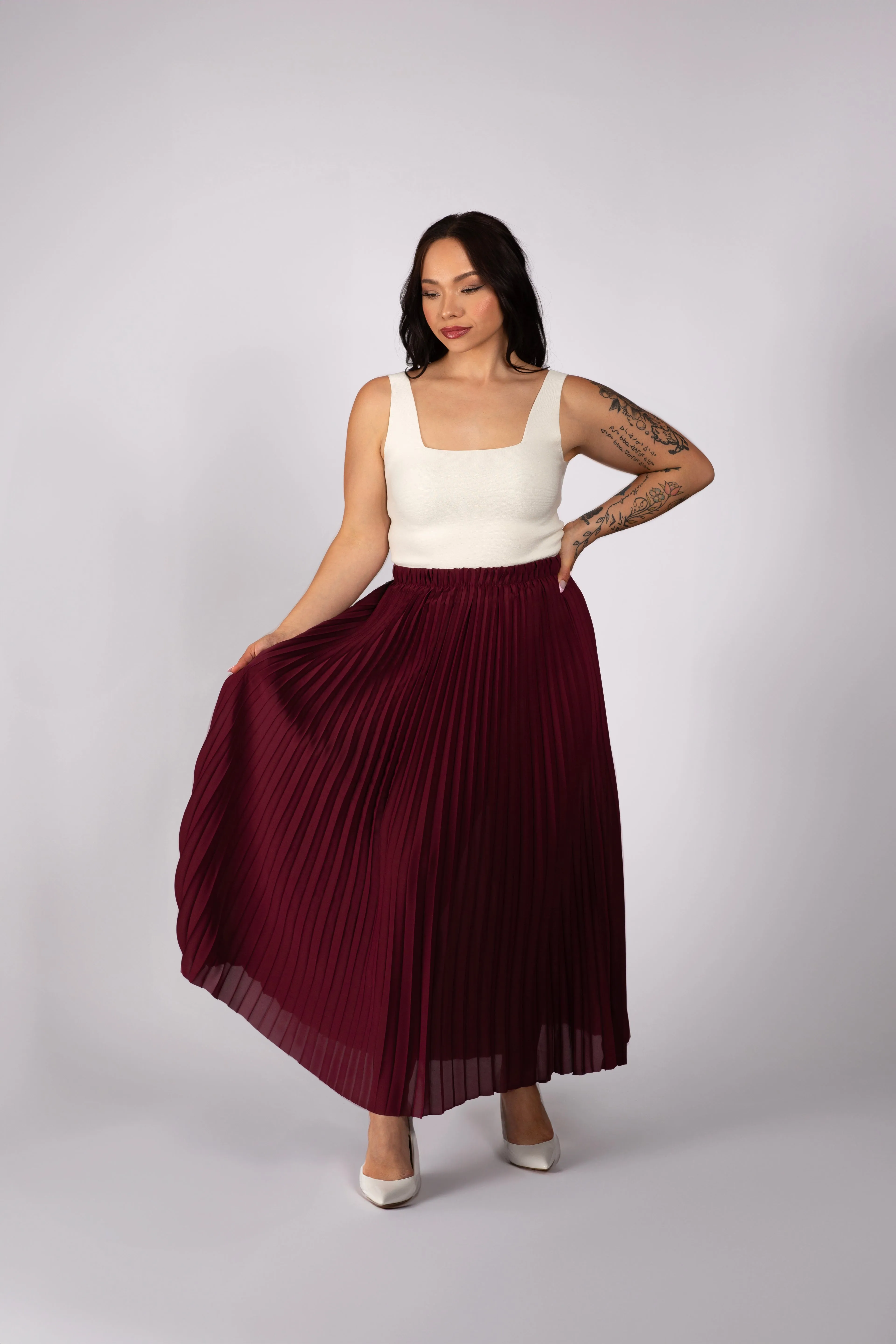Burgundy Pleated Maxi Skirt (Pre-Sale) sold by Lesley Hampton