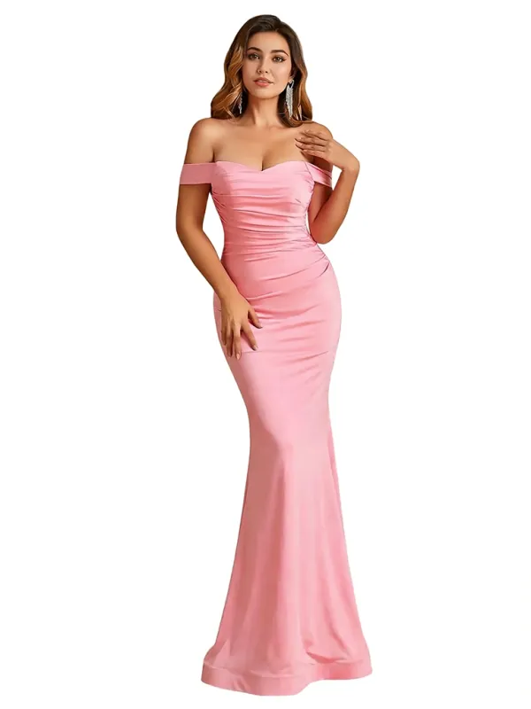 Trendy Off The Shoulder Ruched Jersey Mermaid Floor Length Evening Formal Dresses sold by ChicSew