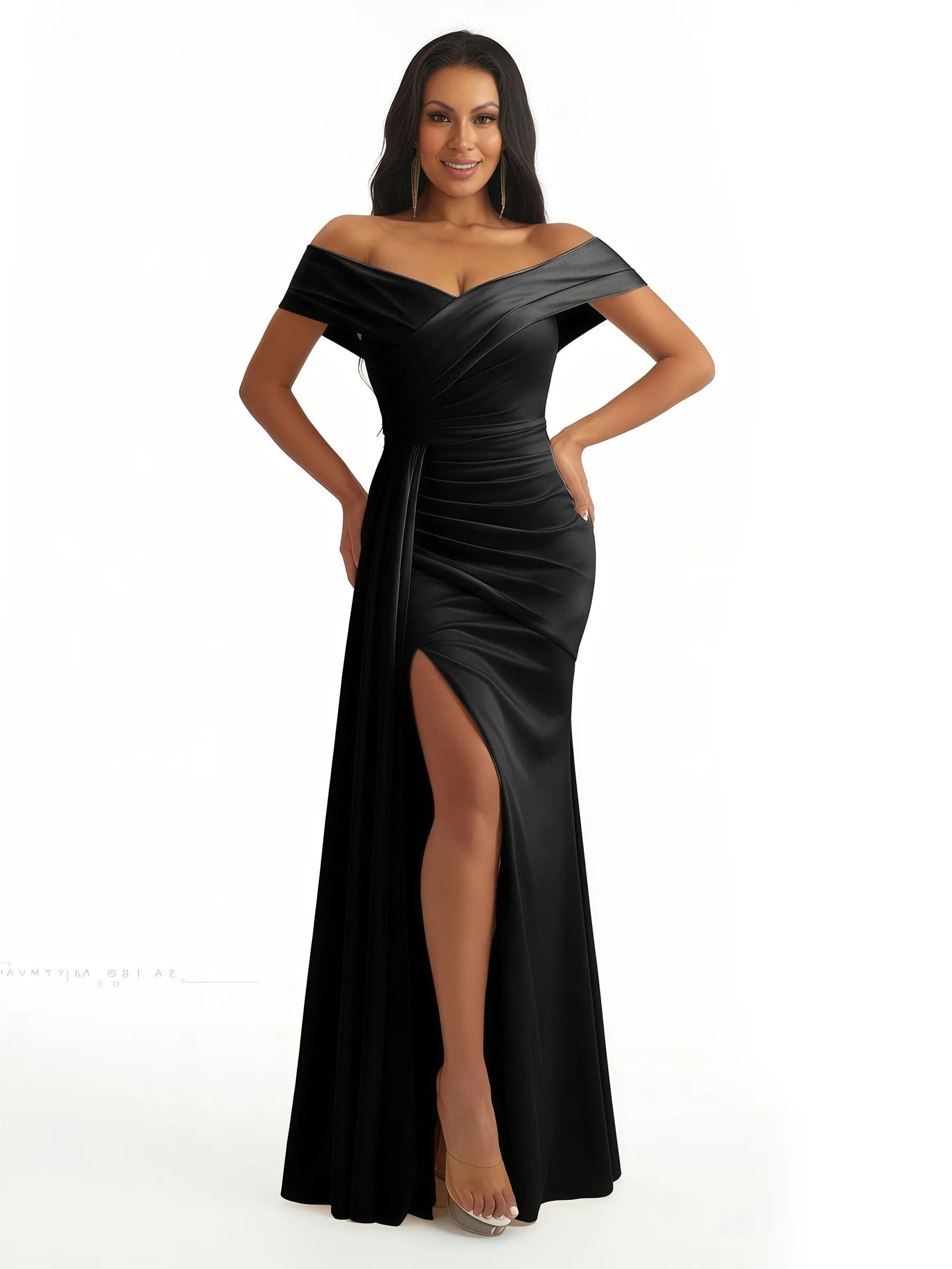 Sexy Off The Shoulder Ruched Satin Mermaid Long Evening Formal Dresses Side Slit sold by ChicSew product image thumbnail 3