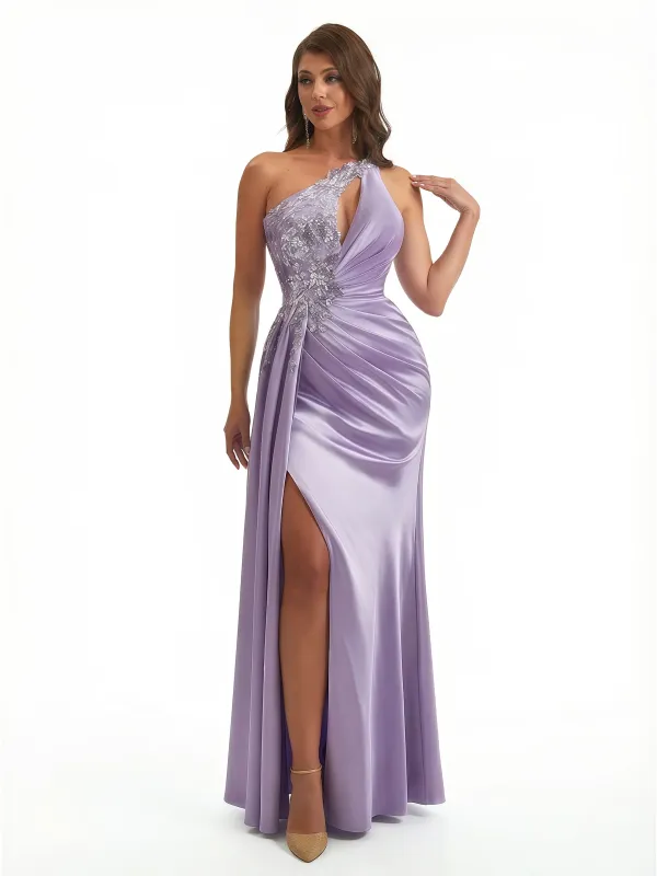Sexy One Shoulder Side Slit Mermaid Lace Applique Soft Satin Long Formal Dresses sold by ChicSew