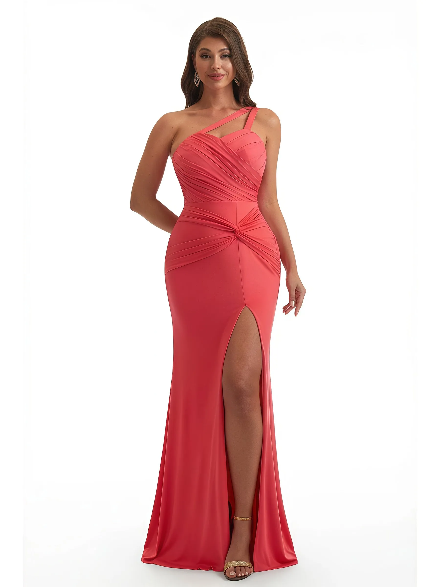 Elegant Mermaid One Shoulder Side Slit Ruched Jersey Long Formal Dresses sold by ChicSew