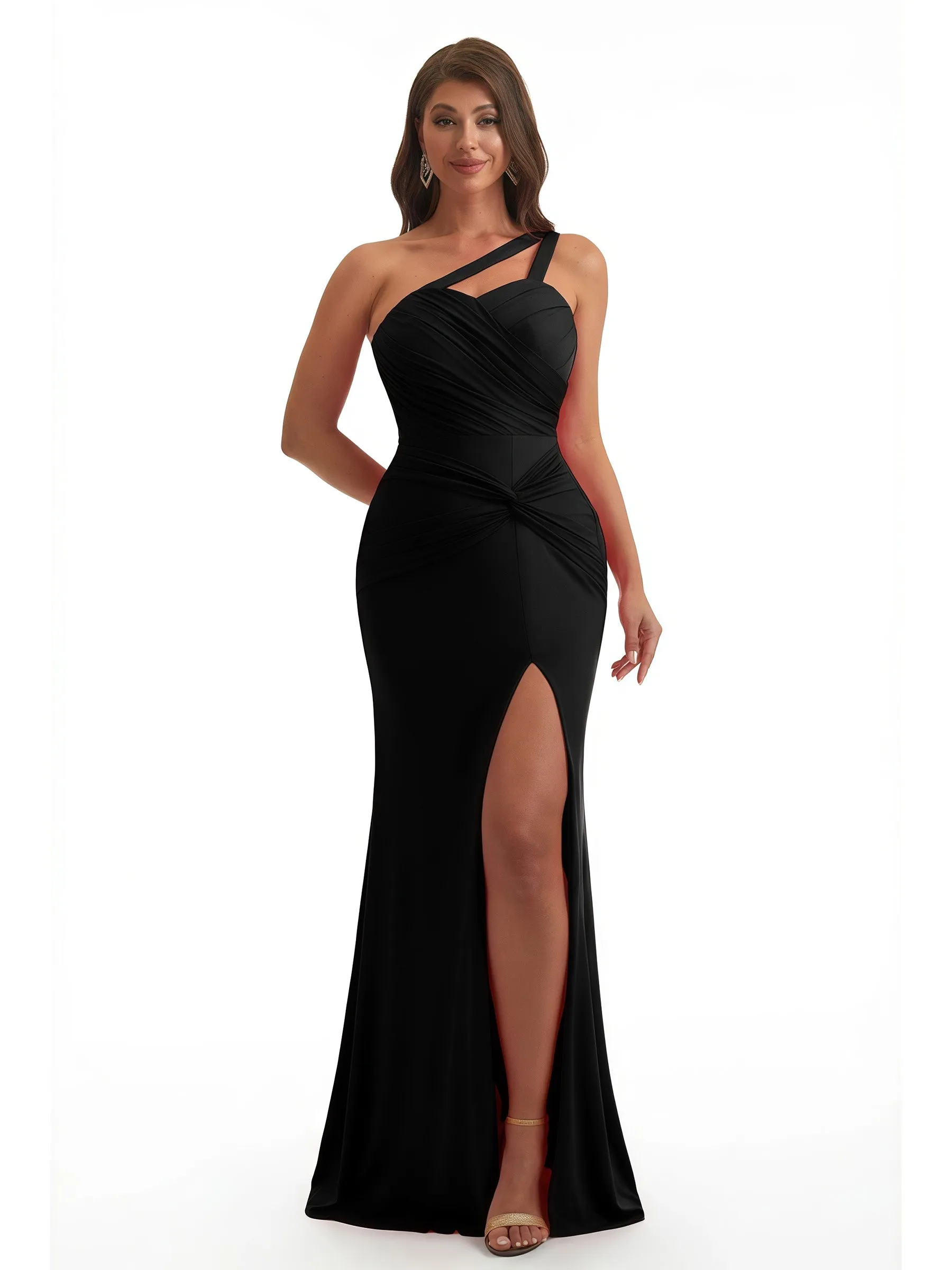 Elegant Mermaid One Shoulder Side Slit Ruched Jersey Long Formal Dresses sold by ChicSew product image thumbnail 3