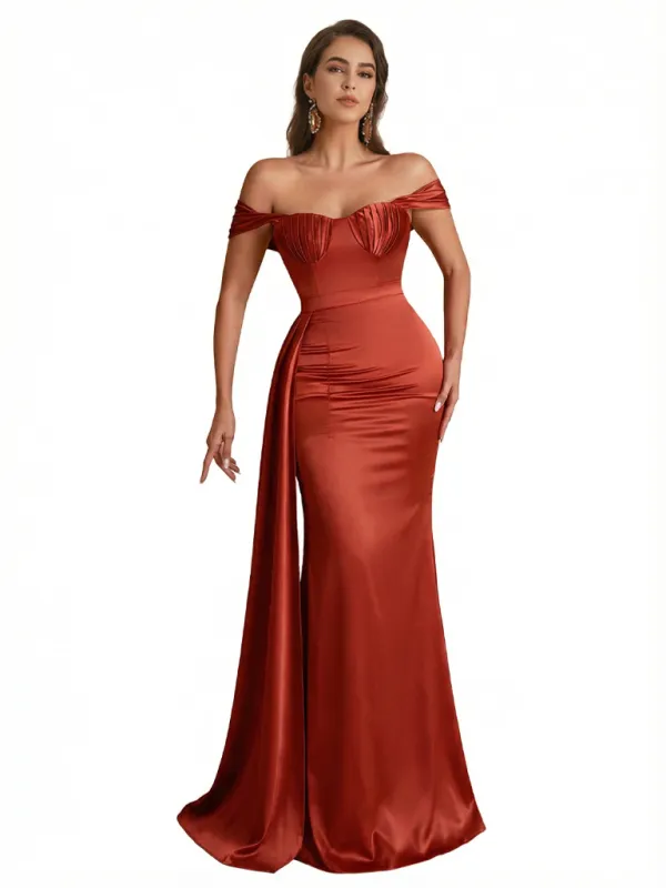 Sexy Off The Shoulder Ruched Mermaid Silky Satin Long Formal Dresses sold by ChicSew