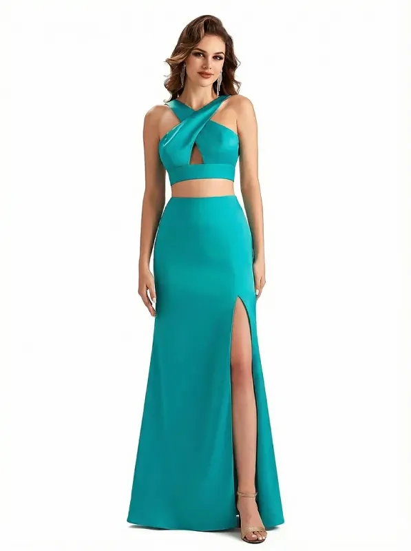 Sexy Side Slit Mermaid Silky Satin Halter Two Pieces Long Formal Dresses sold by ChicSew