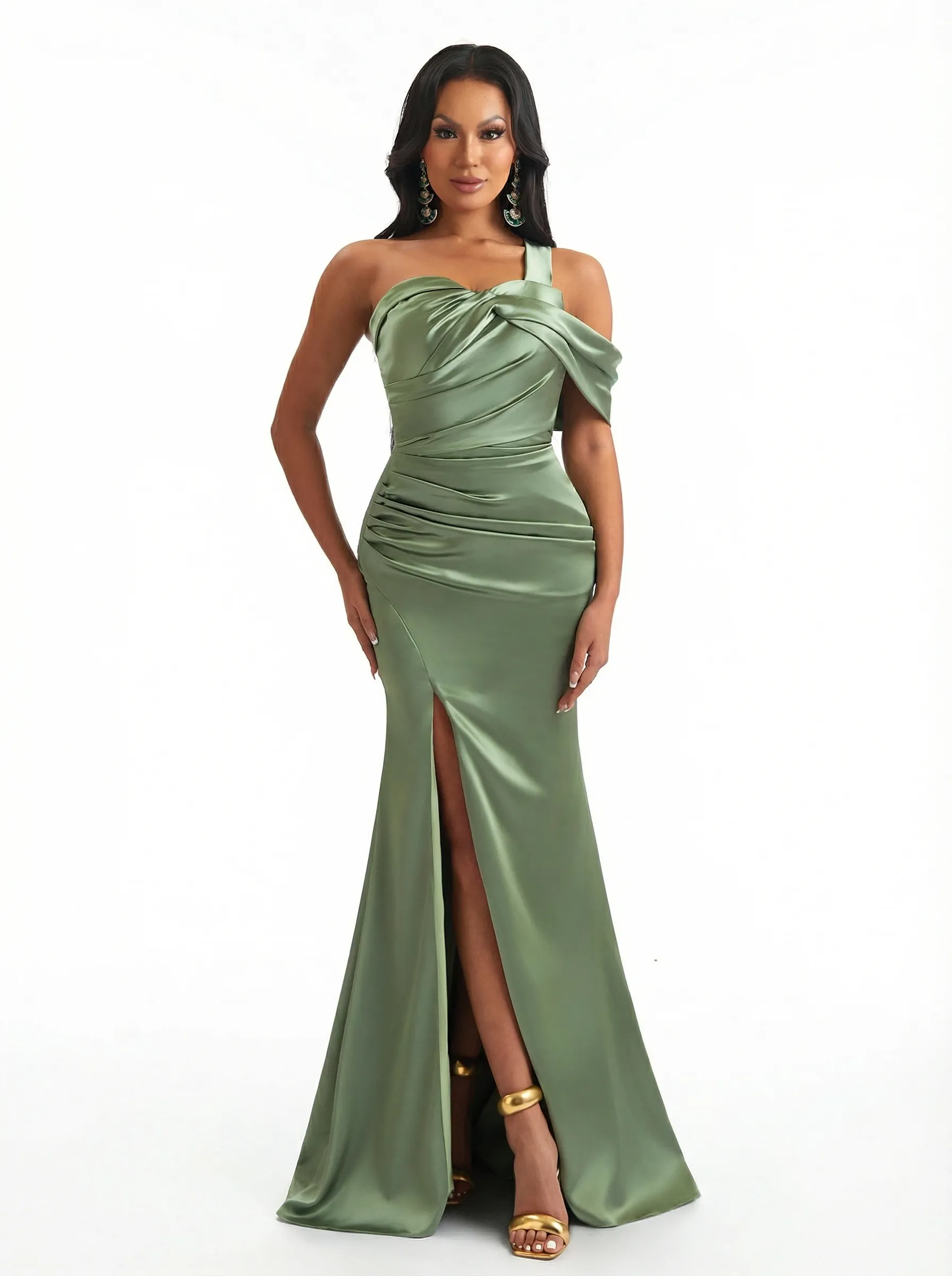 Modern One Shoulder Mermaid Ruched Satin Long Formal Dresses For Women Side Slit sold by ChicSew