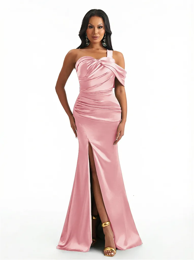 Modern One Shoulder Mermaid Ruched Satin Long Formal Dresses For Women Side Slit sold by ChicSew product image thumbnail 5