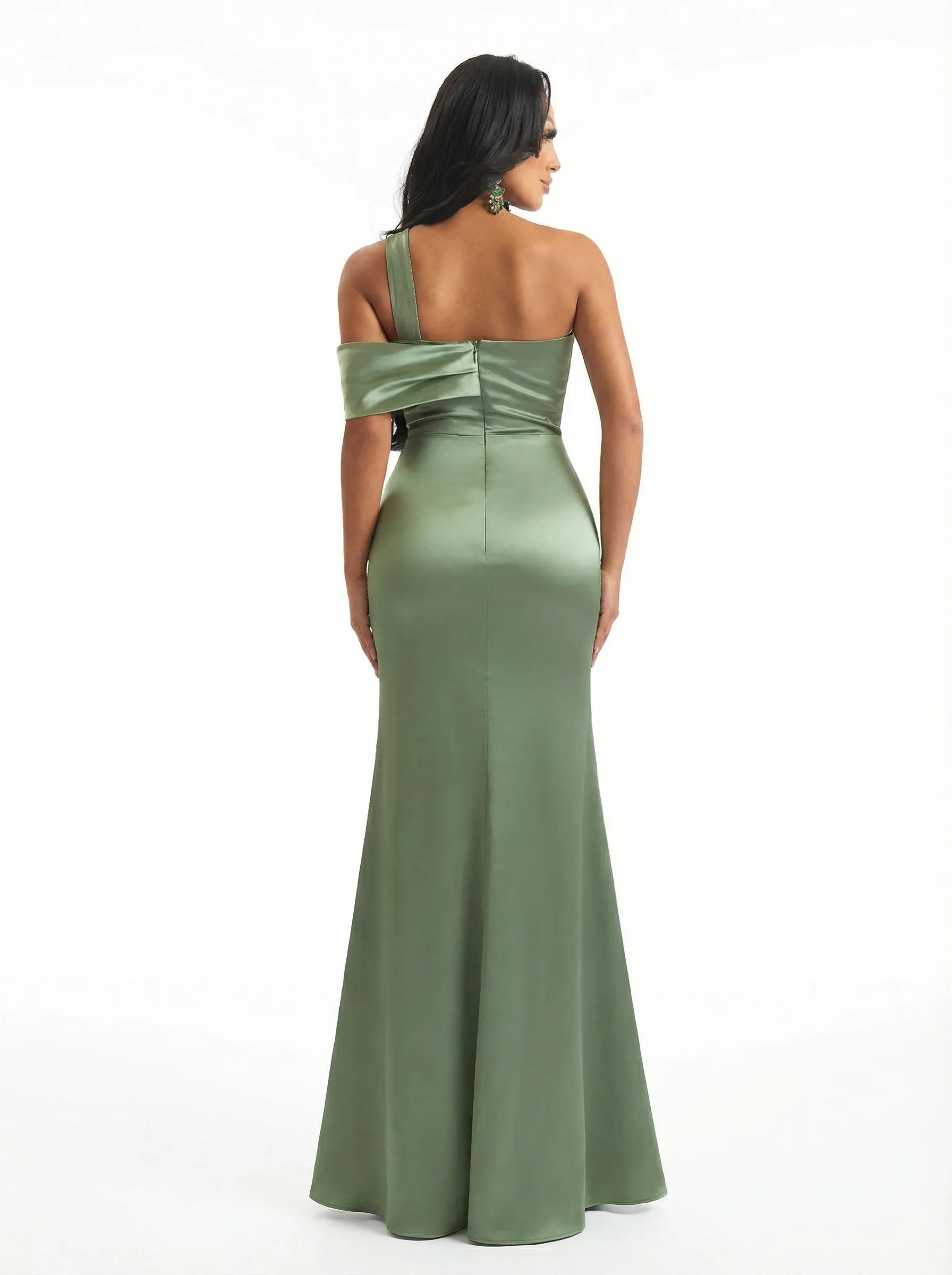 Modern One Shoulder Mermaid Ruched Satin Long Formal Dresses For Women Side Slit sold by ChicSew product image thumbnail 2