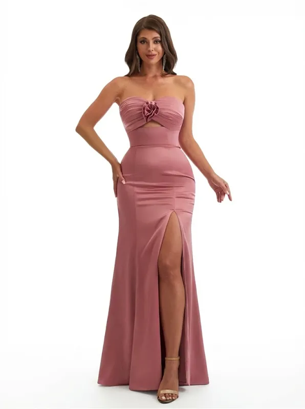 Modern Strapless Mermaid Sweetheart Ruched Satin Long Formal Dresses Side Slit sold by ChicSew