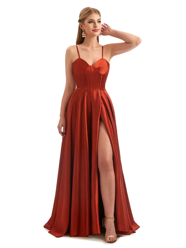 Sexy Spaghetti Straps Boning Side Slit A-Line Ruched Satin Long Formal Dresses For Women sold by ChicSew