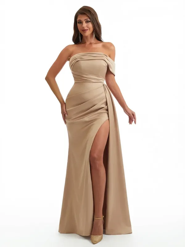 Sexy Mermaid One Shoulder Ruched Satin Long Formal Wedding Guest Dresses Side Slit made by ChicSew