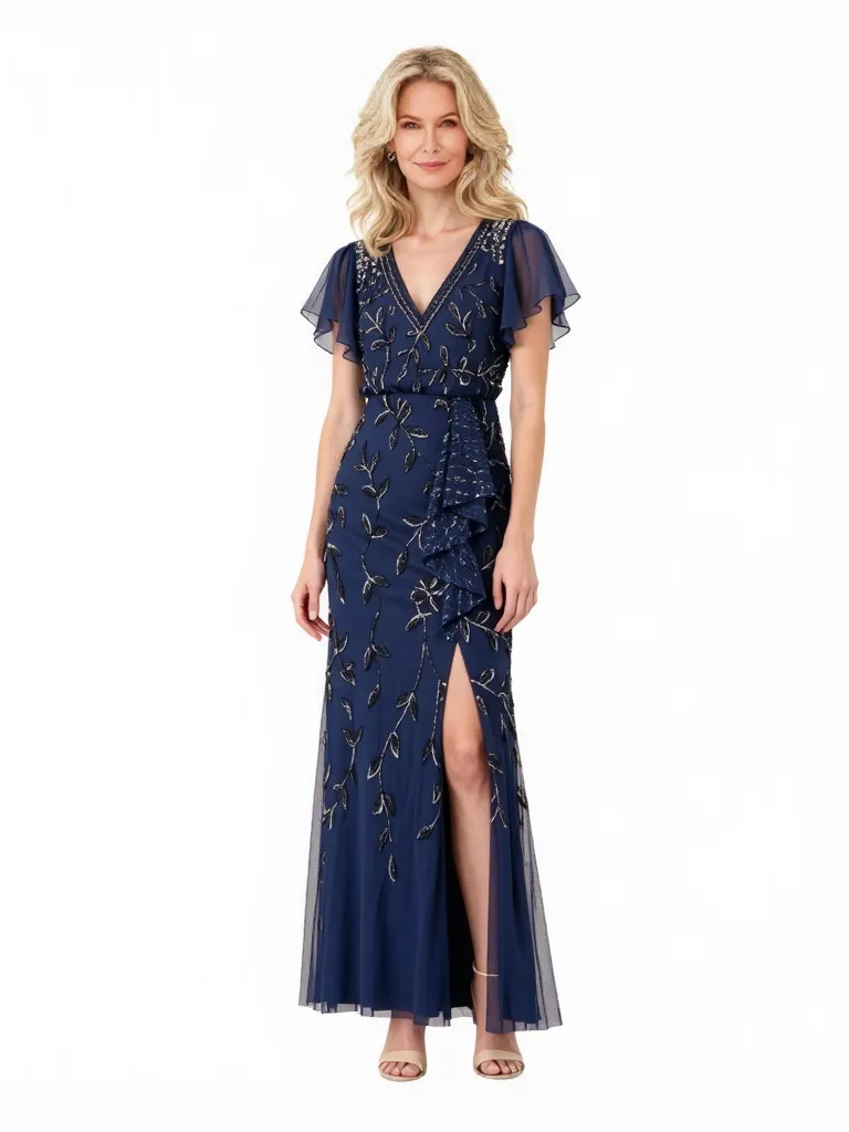Elegant Flutter Sleeves Lace Applique V-Neck Side Slit Chiffon Ankle-Length Mother Of The Bride Dresses sold by ChicSew