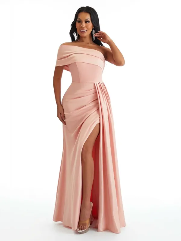 Elegant One Shoulder Side Slit Mermaid Soft Satin Maxi Formal Dresses For Women sold by ChicSew