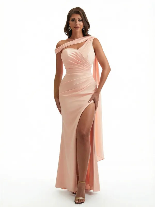 Trendy Asymmetrical Mermaid Soft Satin Long Elegant Evening Dresses Side Slit sold by ChicSew