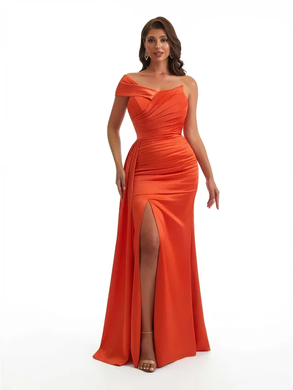 Sexy One Shoulder Mermaid Ruched Soft Satin Floor Length Formal Evening Dresses Side Slit sold by ChicSew