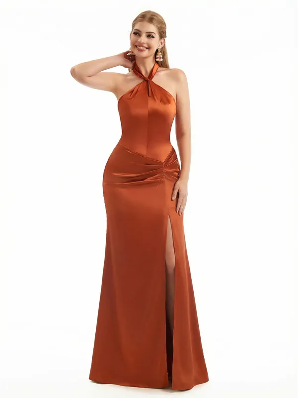 Sexy Mermaid Halter Twisted Knot Silky Satin Long Evening Formal Dresses For Women Side Slit sold by ChicSew