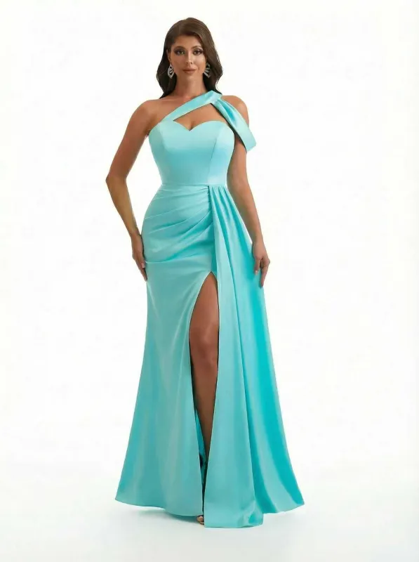 Sexy One Shoulder Mermaid Silky Satin Good Long Formal Dresses Side Slit sold by ChicSew