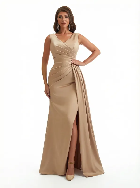 Ladies Sexy V-Neck Mermaid Silky Satin Long Evening Formal Dresses Side Slit sold by ChicSew
