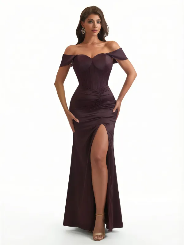 Elegant Off The Shoulder Mermaid Boning Soft Satin Floor Length Formal Dresses With Slit sold by ChicSew
