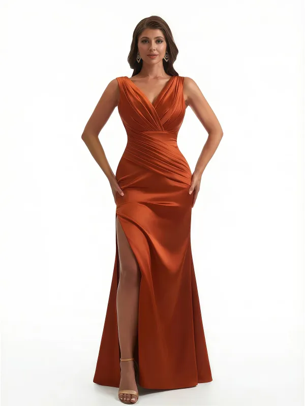 Ladies Mermaid V-Neck Ruched Silky Satin Formal Floor Length Evening Dresses Side Slit sold by ChicSew