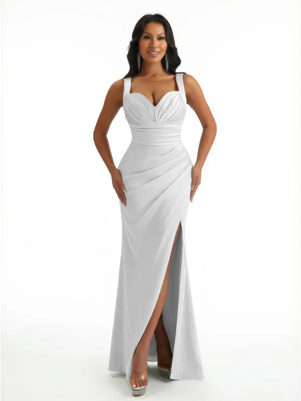 Elegant Womne's Mermaid Ruched Silky Satin Floor Length Evening Dresses Side Slit sold by ChicSew
