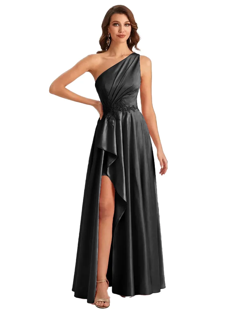 Sexy One Shoulder Ruffle Side Slit A-Line Ruched Satin Long Formal Dresses For Women sold by ChicSew product image thumbnail 3