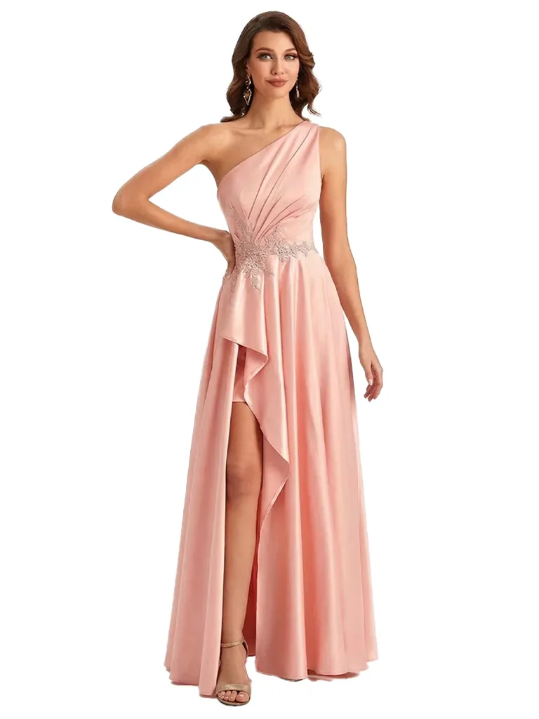 Sexy One Shoulder Ruffle Side Slit A-Line Ruched Satin Long Formal Dresses For Women sold by ChicSew