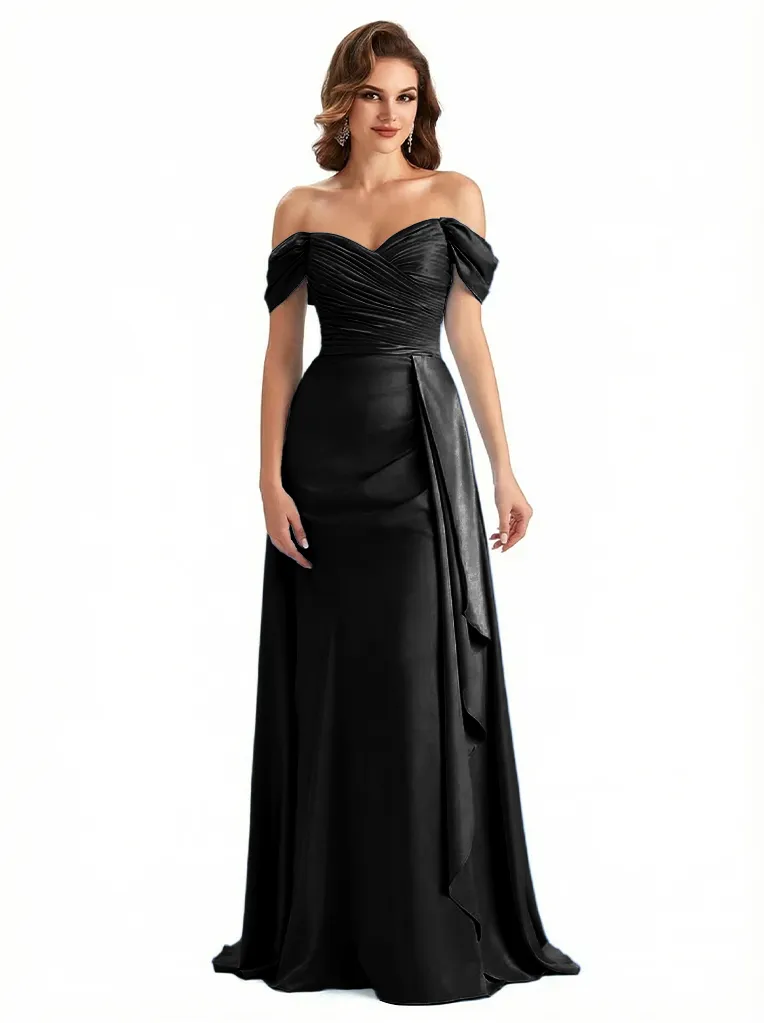 Sexy Off Shoulder Ruched Satin Ruffle A-Line Silky Satin Long Formal Dresses sold by ChicSew product image thumbnail 3