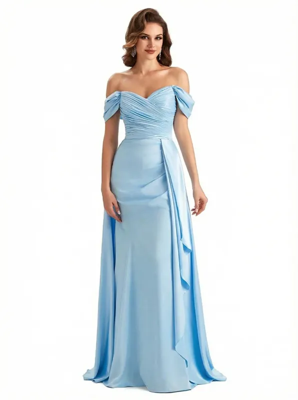 Sexy Off Shoulder Ruched Satin Ruffle A-Line Silky Satin Long Formal Dresses sold by ChicSew