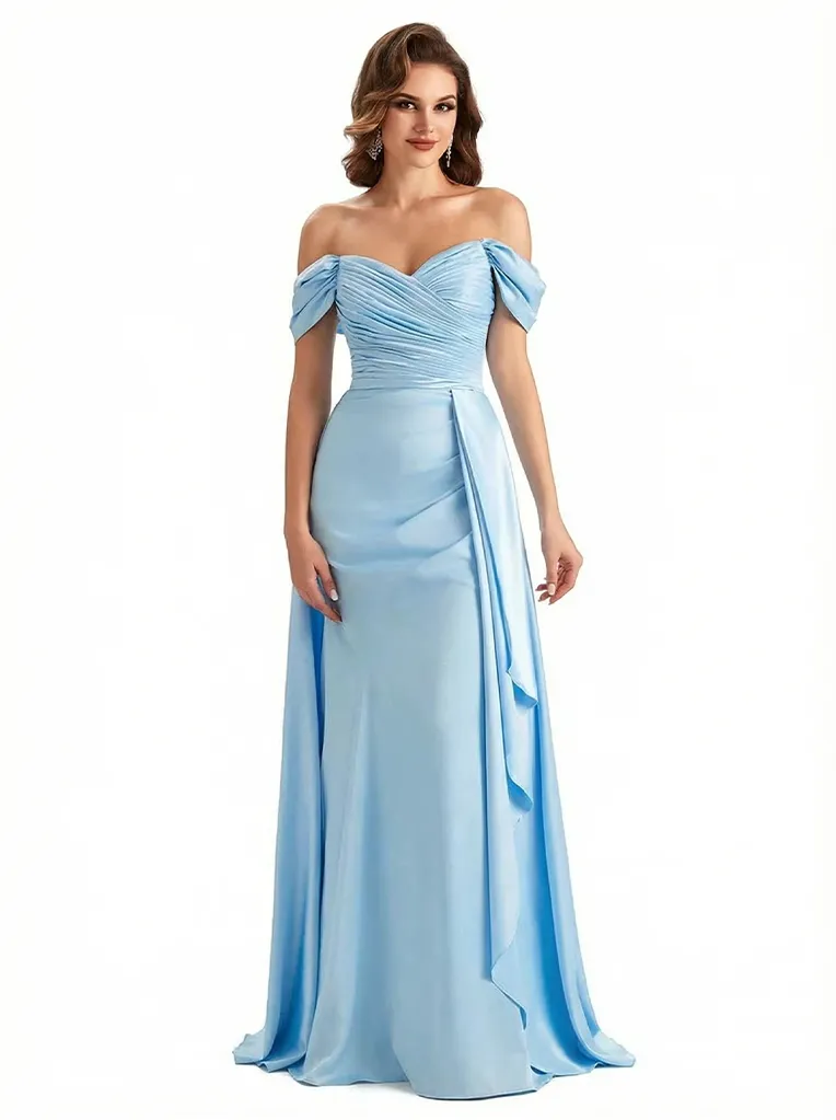 Sexy Off Shoulder Ruched Satin Ruffle A-Line Silky Satin Long Formal Dresses sold by ChicSew