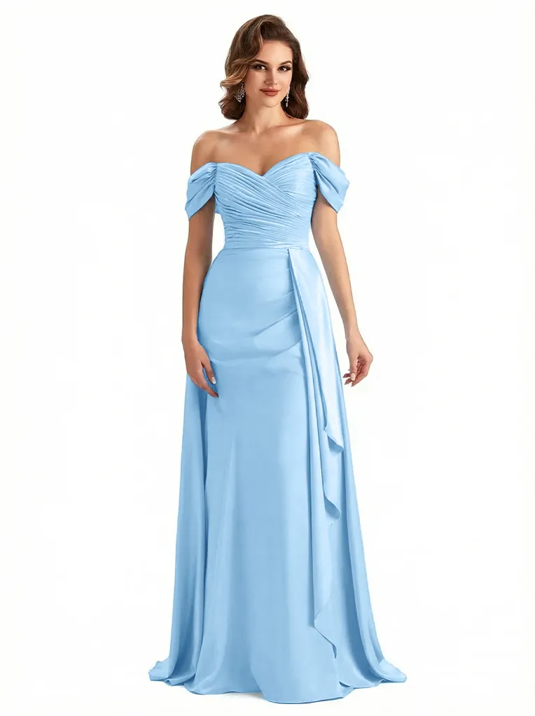 Sexy Off Shoulder Ruched Satin Ruffle A-Line Silky Satin Long Formal Dresses sold by ChicSew product image thumbnail 4