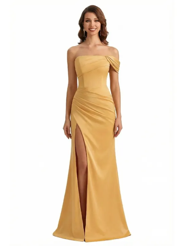 Sexy One Shoulder Ruched Side Slit Mermaid Silky Satin Long Formal Evening Dresses sold by ChicSew