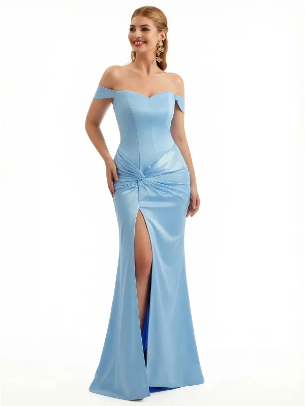 Sexy Off The Shoulder Mermaid Soft Satin Floor Length Evening Dresses Slit With Twist Knot sold by ChicSew