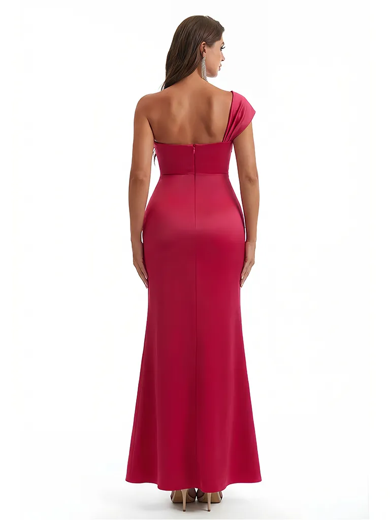 Sexy One Shoulder Ruched Satin Mermaid Formal Satin Floor Length Evening Dresses Slit sold by ChicSew product image thumbnail 2