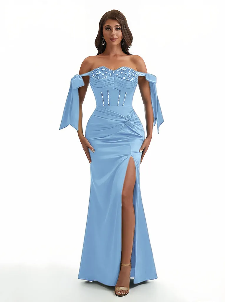 Sexy Off Shoulder Beading Ruched Satin Mermaid Silky Satin Long Formal Dresses Side Slit sold by ChicSew product image thumbnail 4
